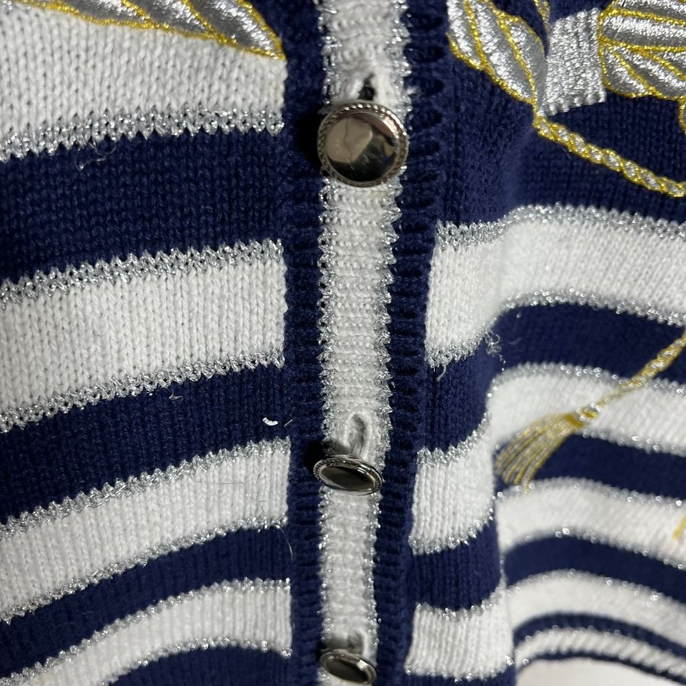 Vintage 90s Blue White Nautical Pattern Knit Button Up Cardigan Large - Picture 3 of 9